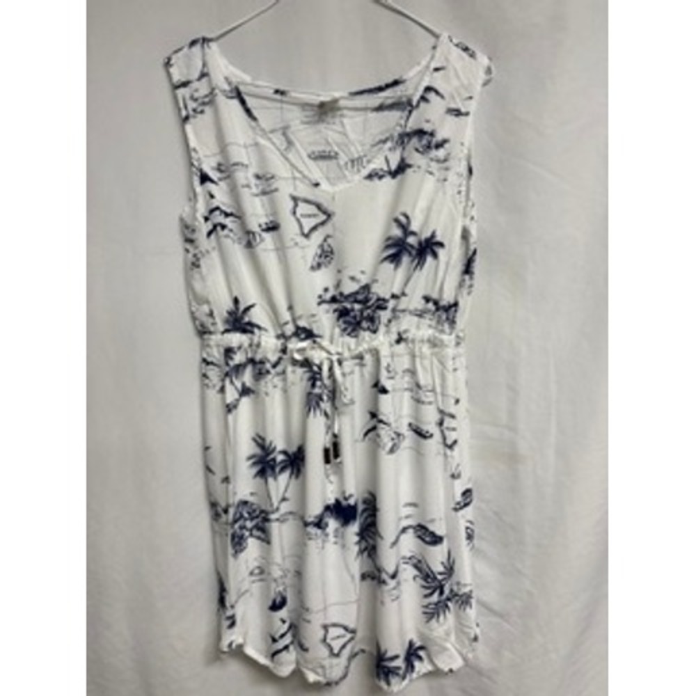 Palmwave Women White Blue Tropical Hawaiian Map Print Drawstring Mini Dress L
